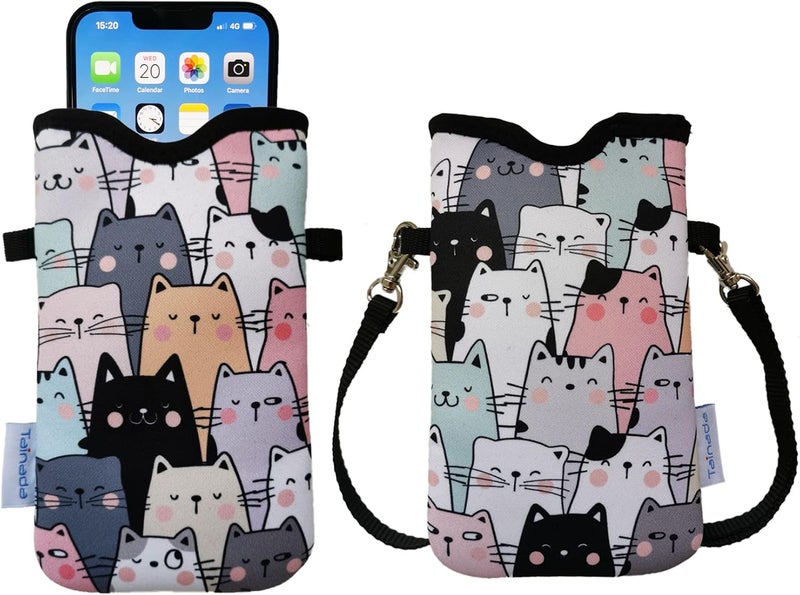 Tainada Men Women Neoprene Phone Sleeve Pouch Case Bag with Crossbody Strap/Neck Lanyard for iPhone 17/16/15 Pro Max, Air, 16/15 Plus, 16e, Samsung S25+, S25, S24, A56, Z Fold7 (Doodle Cats Style 1) - Image 1